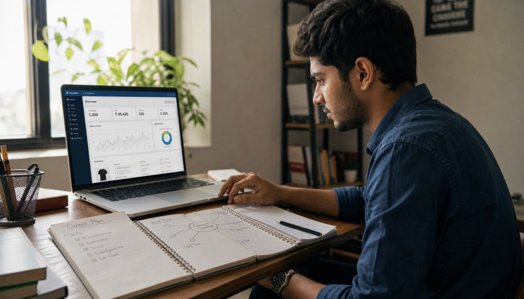 Indian college student sitting at a desk with a laptop open to an e-commerce dashboard, surrounded by notebooks with career planning notes, warm natural light from a window, photorealistic, professional atmosphere, no text overlays