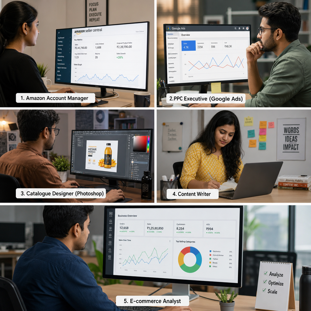 Split visual showing five distinct e-commerce job roles in India — a young woman managing Amazon Seller Central, a man reviewing Google Ads metrics, a designer working on product catalogue images in Photoshop, a content writer at a desk, and an analyst reading a dashboard — arranged in a clean grid, photorealistic, modern Indian office settings