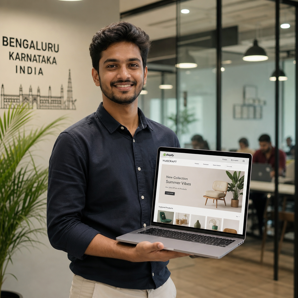 Indian fresh graduate in casual professional attire confidently holding a laptop showing a Shopify store, standing in a bright co-working space in Bengaluru or Mumbai, photorealistic, aspirational but realistic