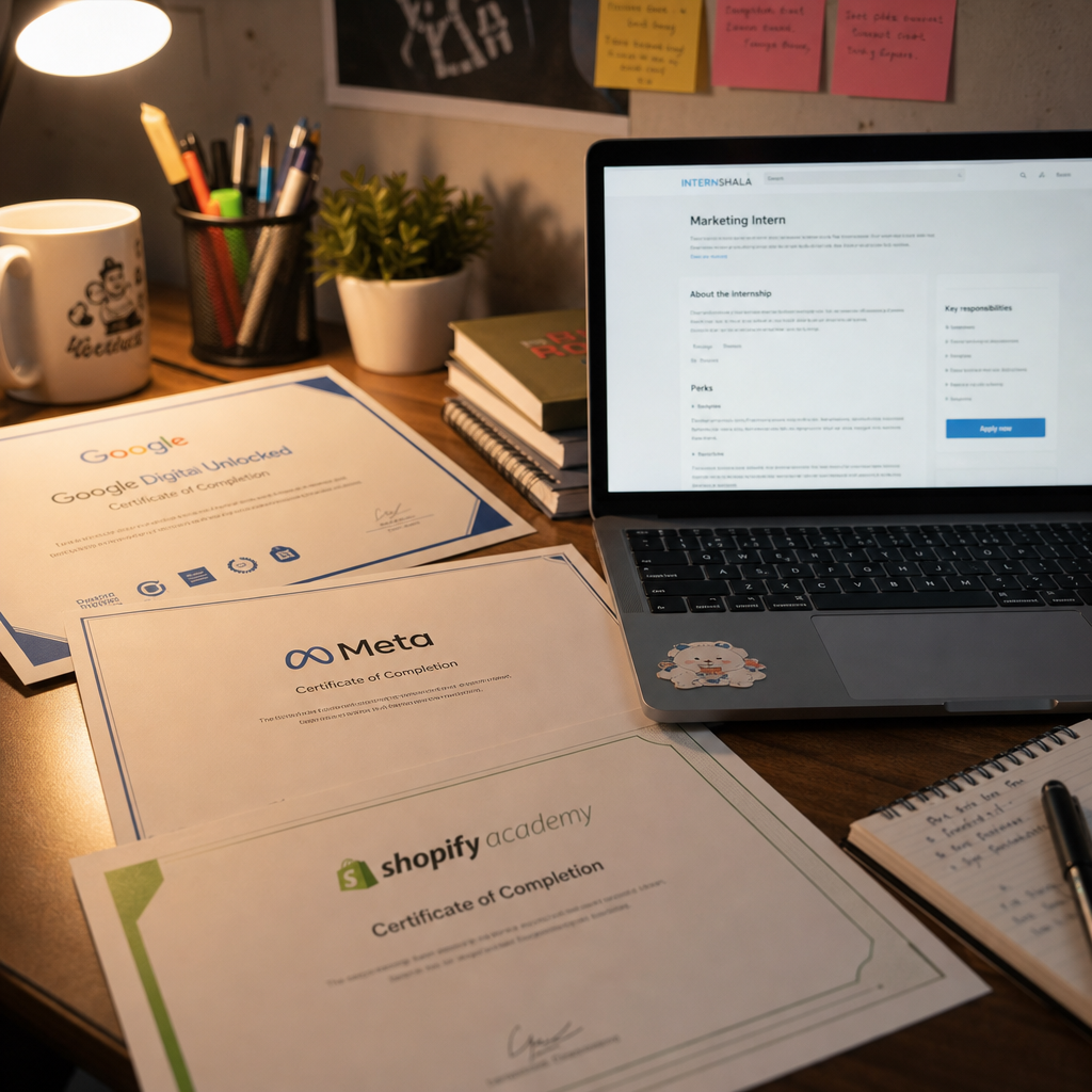 Close-up of an Indian student's desk with printed certification documents from Google, Meta, and Shopify Academy alongside a laptop showing an internship application on Internshala, warm focused lighting, photorealistic, no invented text visible
